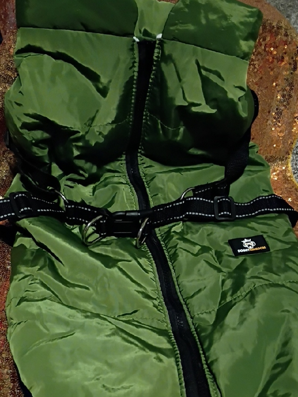Green Puffer Dog Coat with Reflective Harness